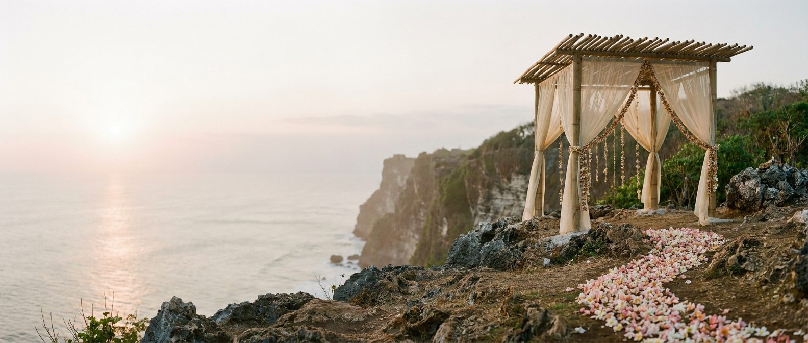 Clifftop wedding pavilion above the Bali coastline at golden hour
